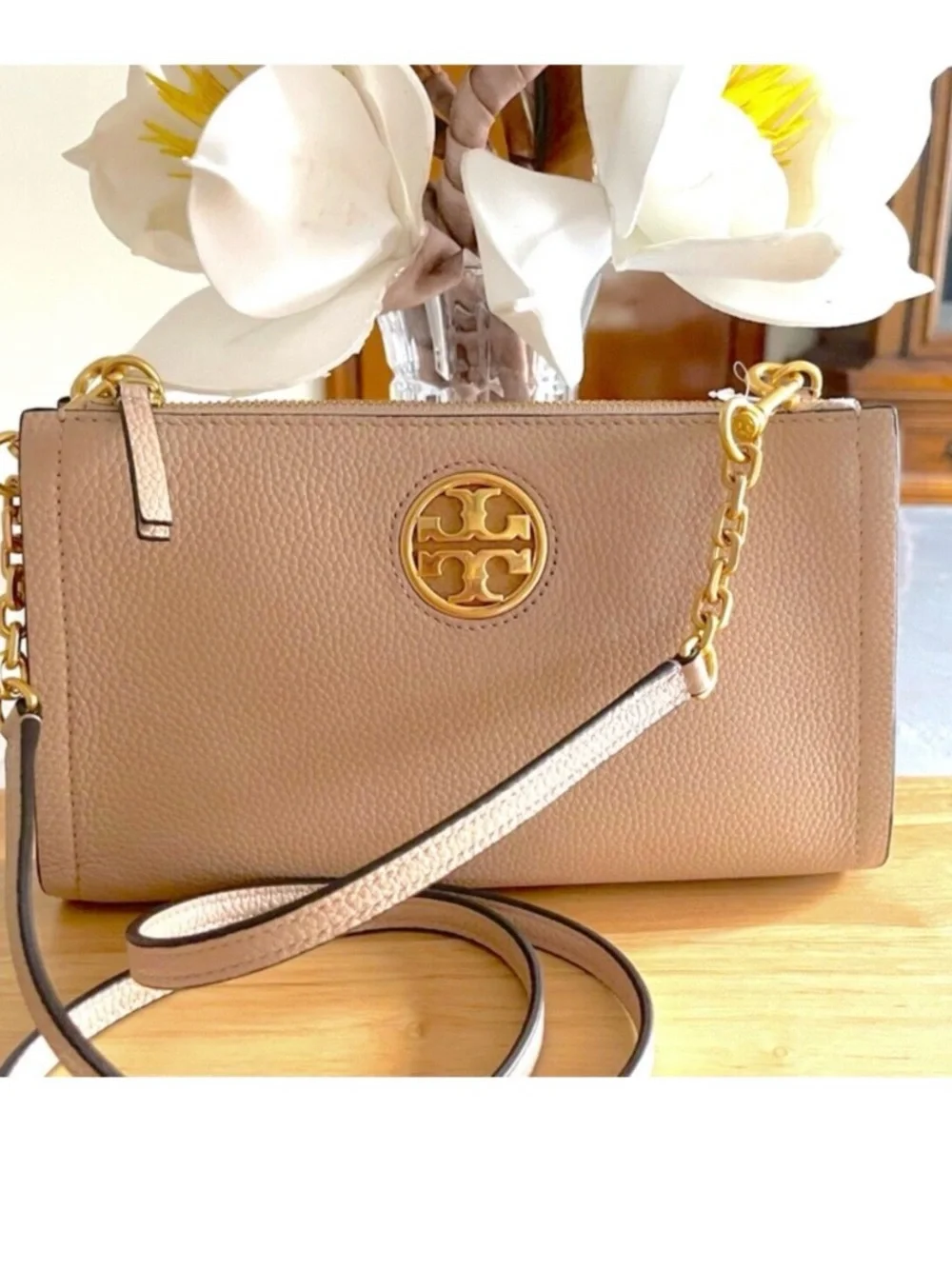 Tory Burch Taupe Pebbled Leather Logo Crossbody with Gold Hardware